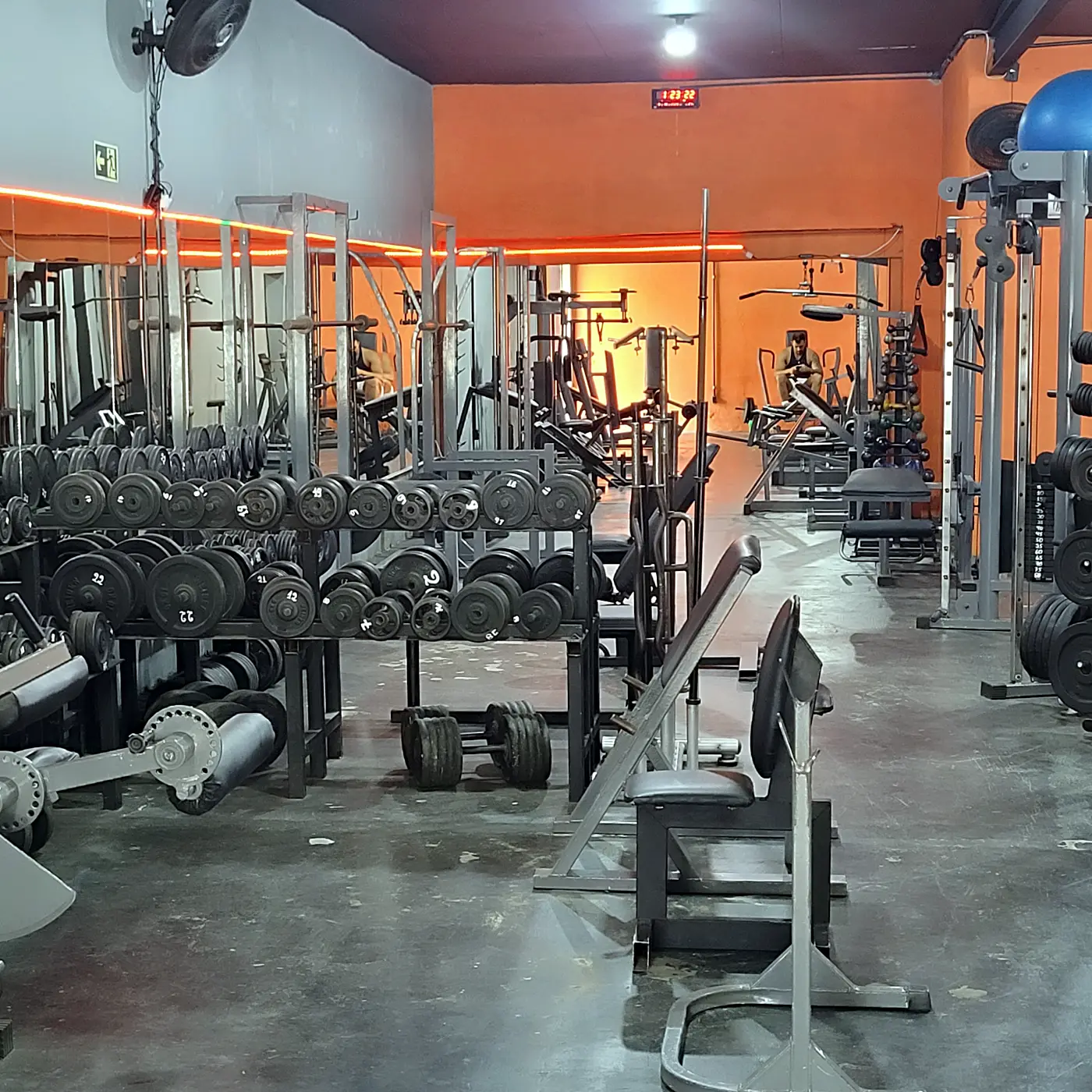 Rack de halteres e bancos no salão de musculação da PowerLife 4D